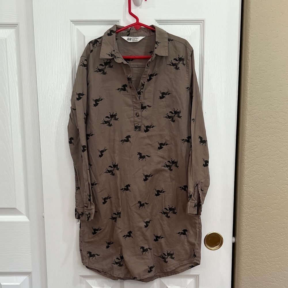 H & M Brown Shirt Dress with Unicorn Print size 10 AS IS
